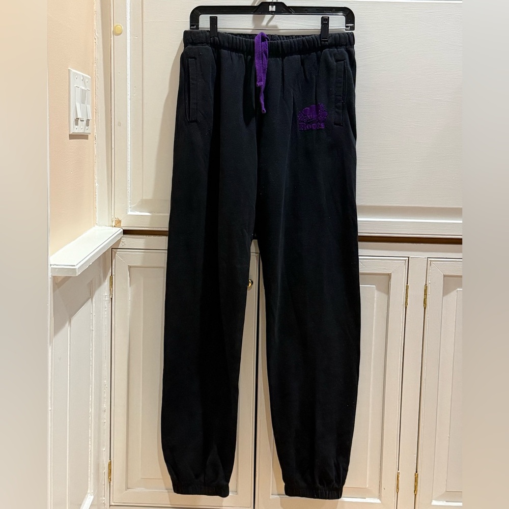 Roots Cotton black & purple Back Logo Pockets Cuff Sweatpant Track Pants